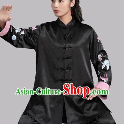 Black Satin Women Tai Chi Suit Chinese Style Training Performance Kung Fu Competition Uniform