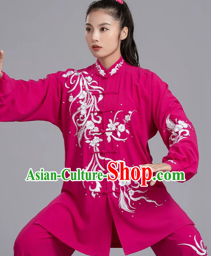 Embroidered Fushcia Tai Chi Costume Qigong Performance Competition Wear Chinese Kung Fu Suit