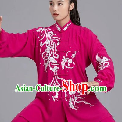 Embroidered Fushcia Tai Chi Costume Qigong Performance Competition Wear Chinese Kung Fu Suit