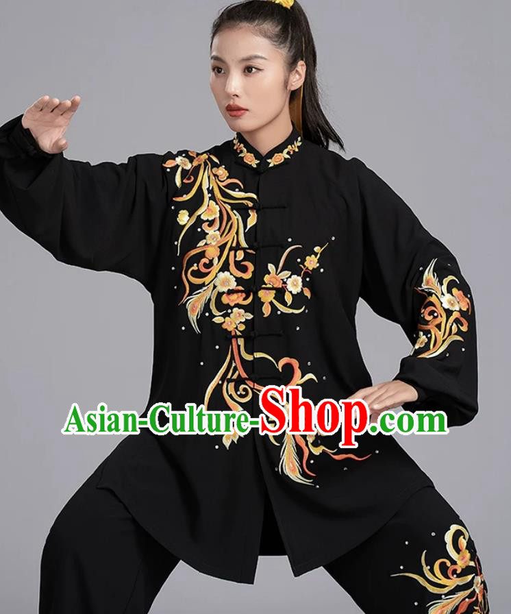 Embroidered Black Tai Chi Costume Qigong Performance Competition Wear Chinese Kung Fu Suit