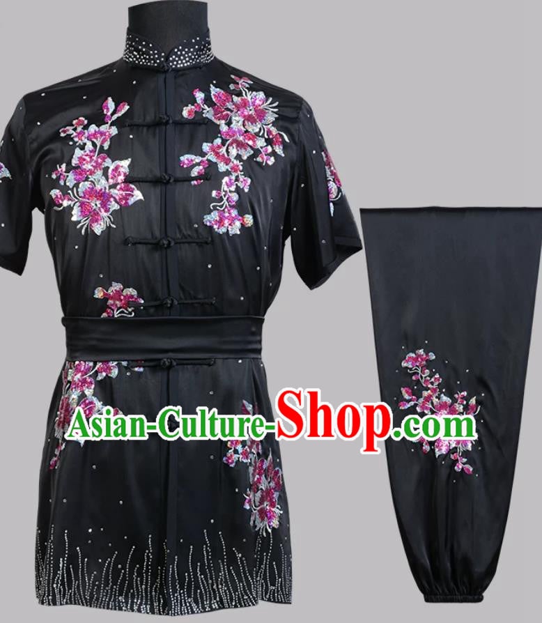 Sequin Embroidered Changquan Black Uniform Colorful Hot Drill Wushu Competition Costume