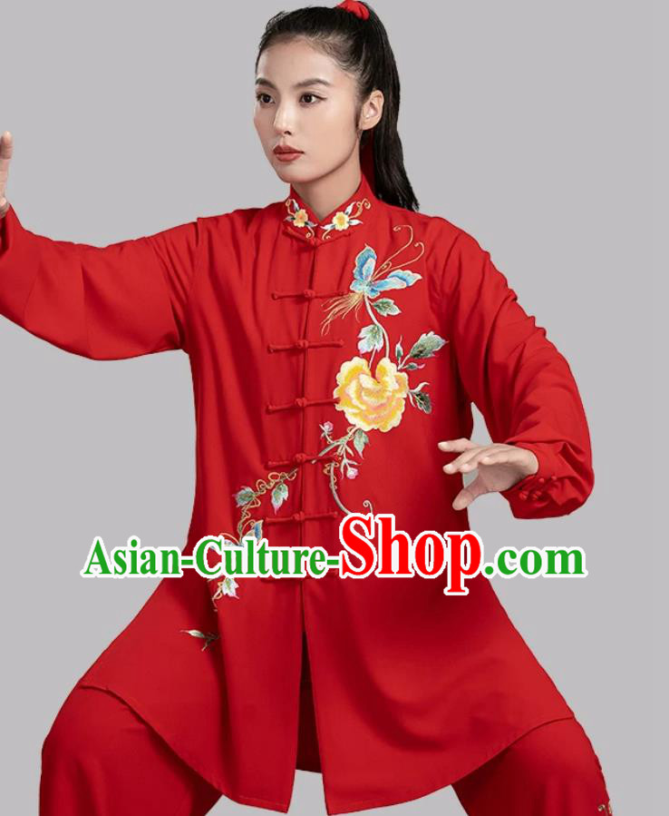Embroidered Peony Tai Chi Uniform Kung Fu Competition Performance Red Suit Taijiquan Qigong Baduanjin Training Wear