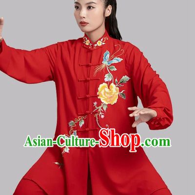 Embroidered Peony Tai Chi Uniform Kung Fu Competition Performance Red Suit Taijiquan Qigong Baduanjin Training Wear
