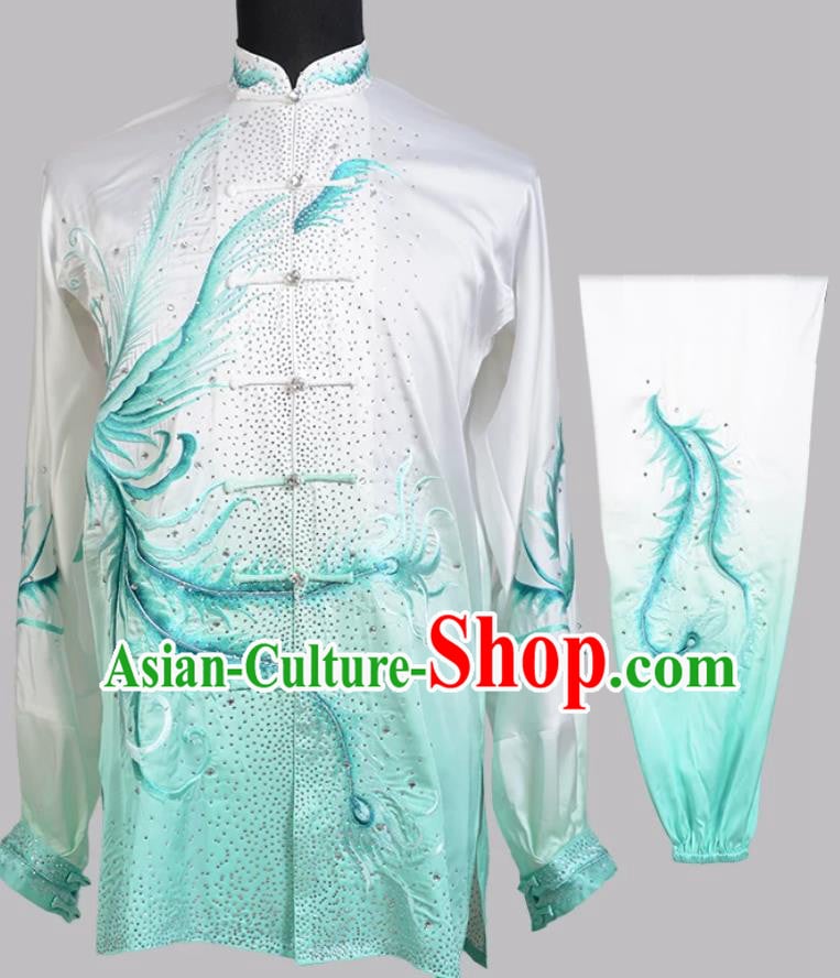 Gradient Phoenix Embroidered Tai Chi Uniform Hot Drill Kung Fu Competition Clothing Qigong Training Performance Wear