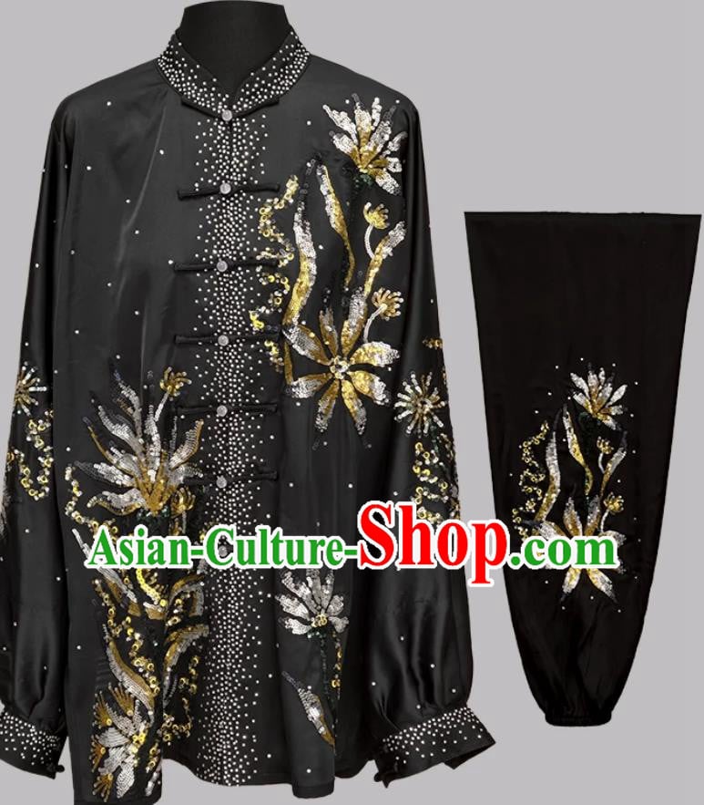 Golden Silver Sequin Embroidered Tai Chi Uniform Wushu Competition Clothing Tai Chi Training Performance Wear