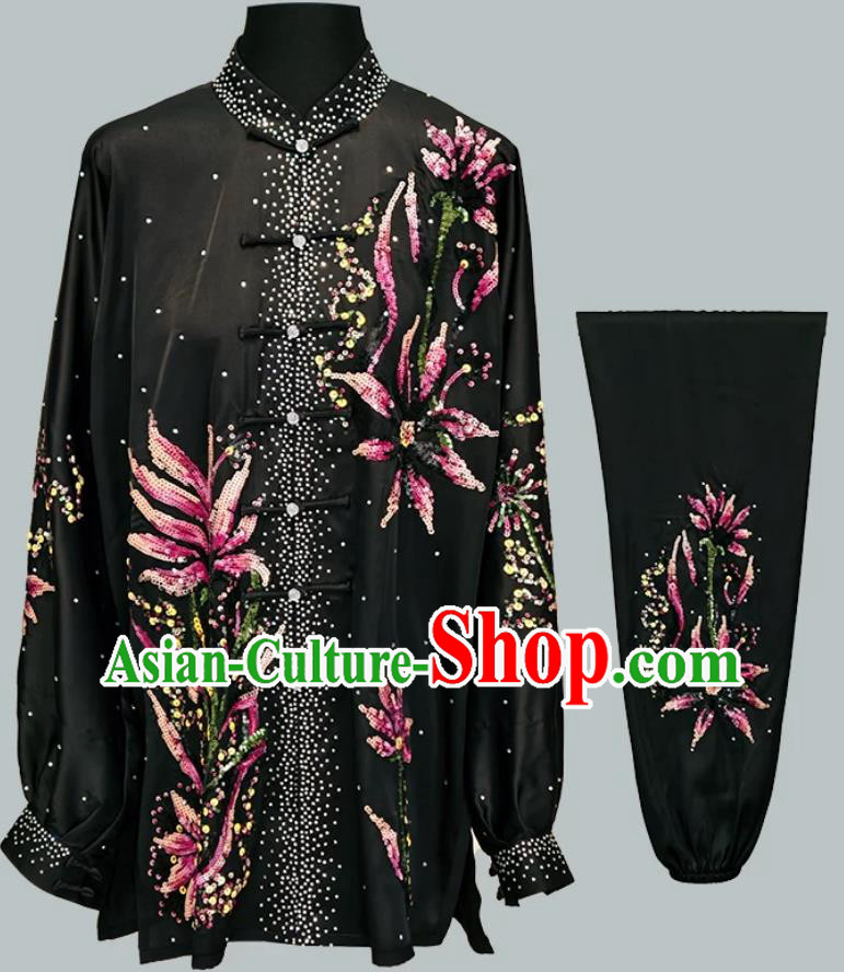 Colorful Sequin Embroidered Black Tai Chi Uniform Kung Fu Competition Performance Training Show Wear