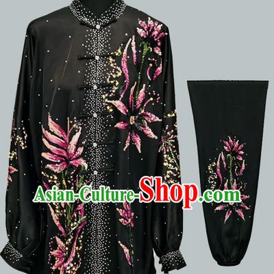 Colorful Sequin Embroidered Black Tai Chi Uniform Kung Fu Competition Performance Training Show Wear