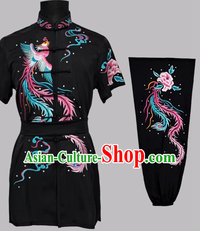 Phoenix Embroidered Wushu Competition Costume Kung Fu Performance Clothing Sports Exam Changquan Black Uniform