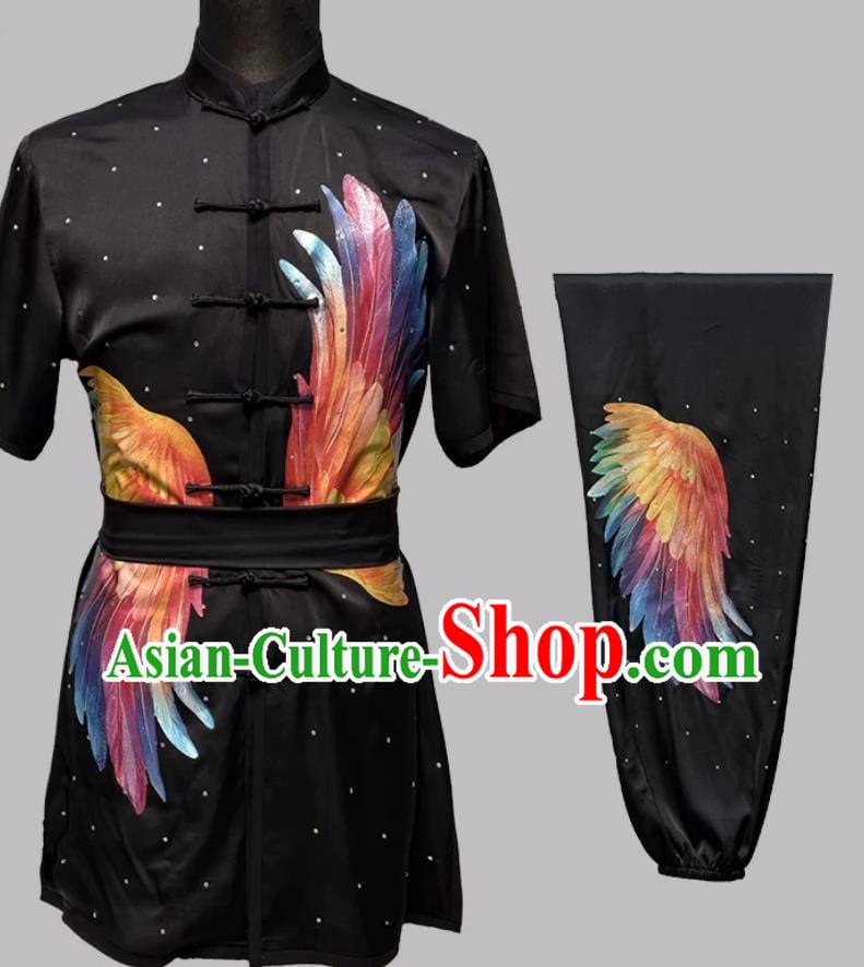 Black Heat Transfer Colorful Wings Changquan Suit Wushu Training Competition Uniform