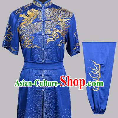 Hot Drill Dragon Embroidered Changquan Clothing Kung Fu Performance Costume Wushu Competition Training Blue Uniform