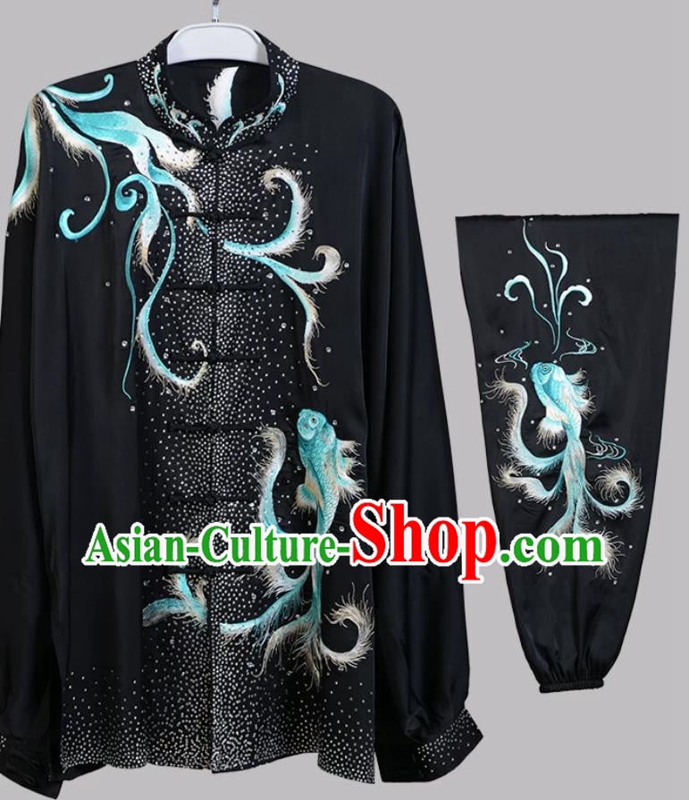 Fish Embroidered Hot Drill Tai Chi Suit Kung Fu Performance Clothing Taijichuan Competition Black Uniform