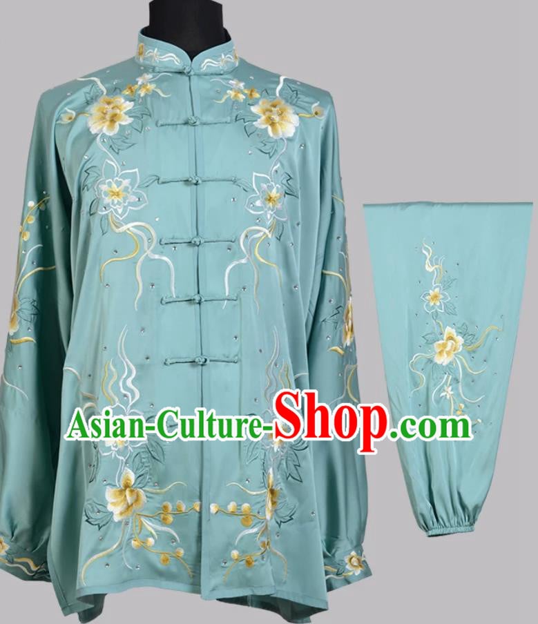 Embroidered Tai Chi Performance Costume Kung Fu Competition Clothing Taijichuan Training Green Uniform