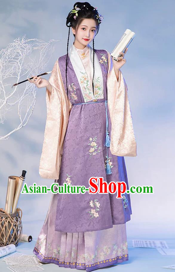Chinese Style Fashion Women Ming Dynasty Hanfu Stand Collar Long Coat Bijia Mamian Skirt Set