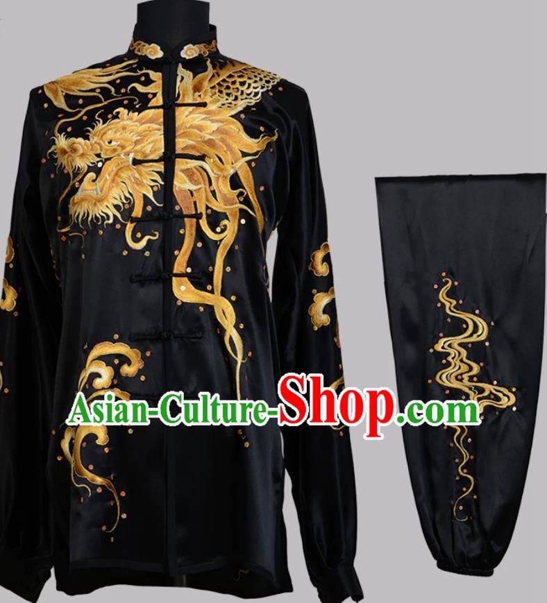 Overlord Dragon Embroidered Black Tai Chi Uniform Kung Fu Competition Costume Taijichuan Performance Clothing