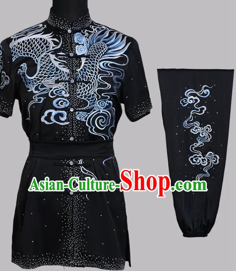 Dragon Embroidered Black Changquan Uniform Kung Fu Competition Costume Wushu Performance Clothing
