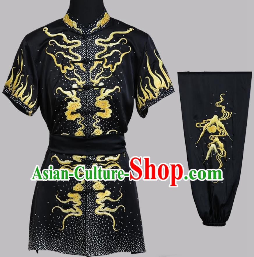 Yellow Dragon Diamond Black Changquan Wushu Uniform For Sports Exam Competition
