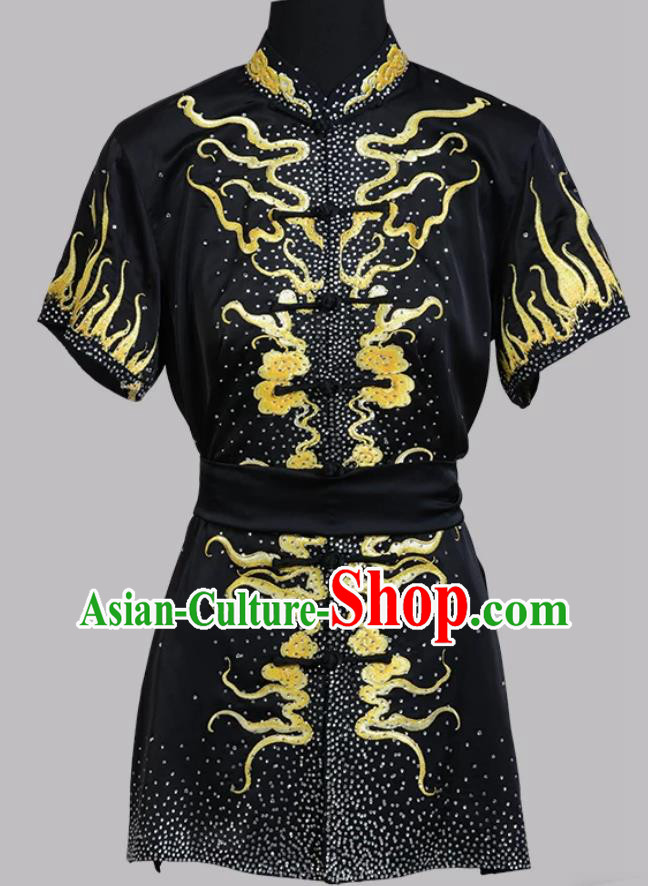 Yellow Dragon Diamond Black Changquan Wushu Uniform For Sports Exam Competition Yellow Dragon Diamond Black Changquan Wushu Uniform For Sports Exam Competition