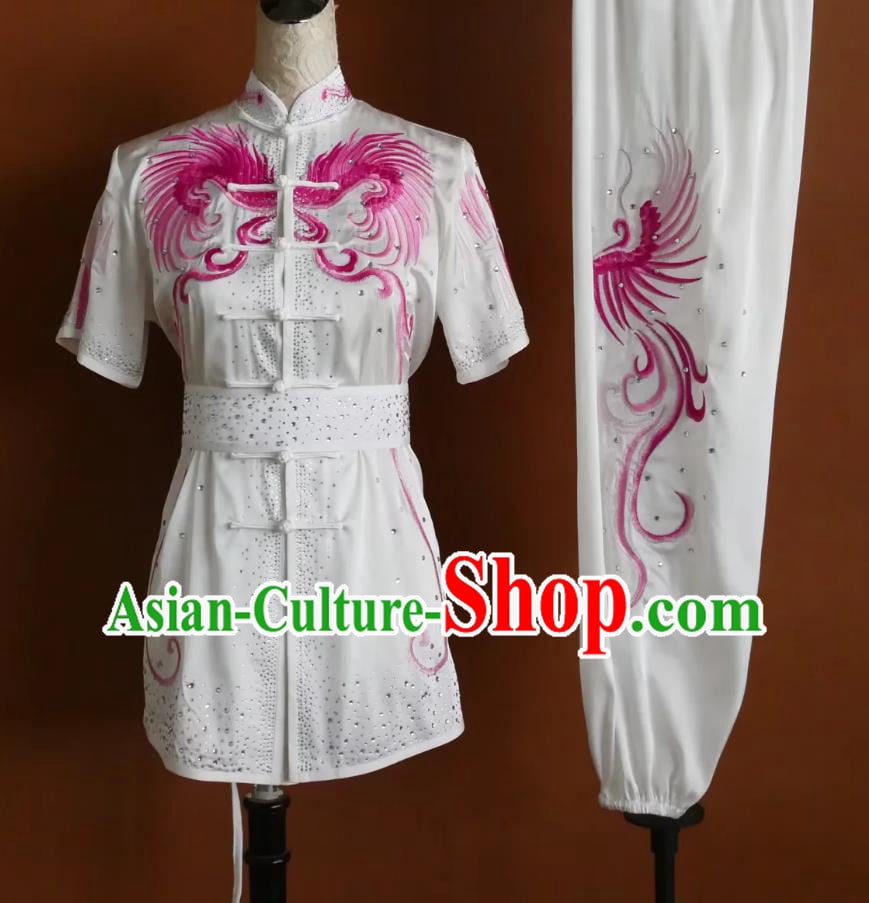 Embroidered Phoenix Martial Arts Uniform Women White Training Suit Wushu Performance Competition Costume