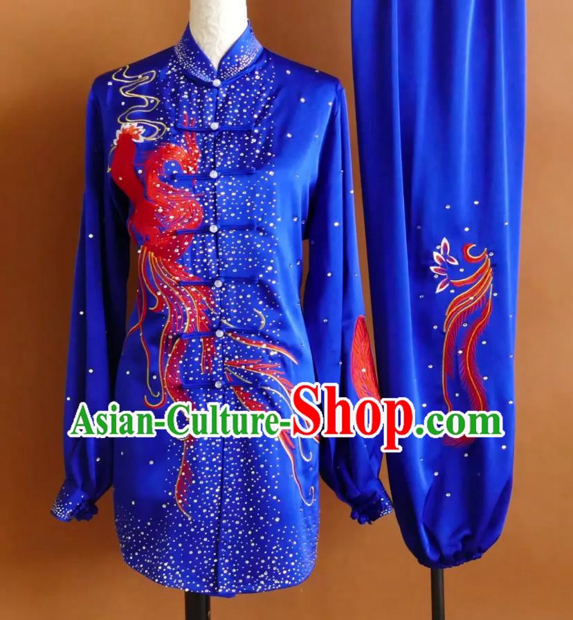 Blue Embroidered Dragon Head Phoenix Tail Tai Chi Uniform Kung Fu Competition Performance Costume