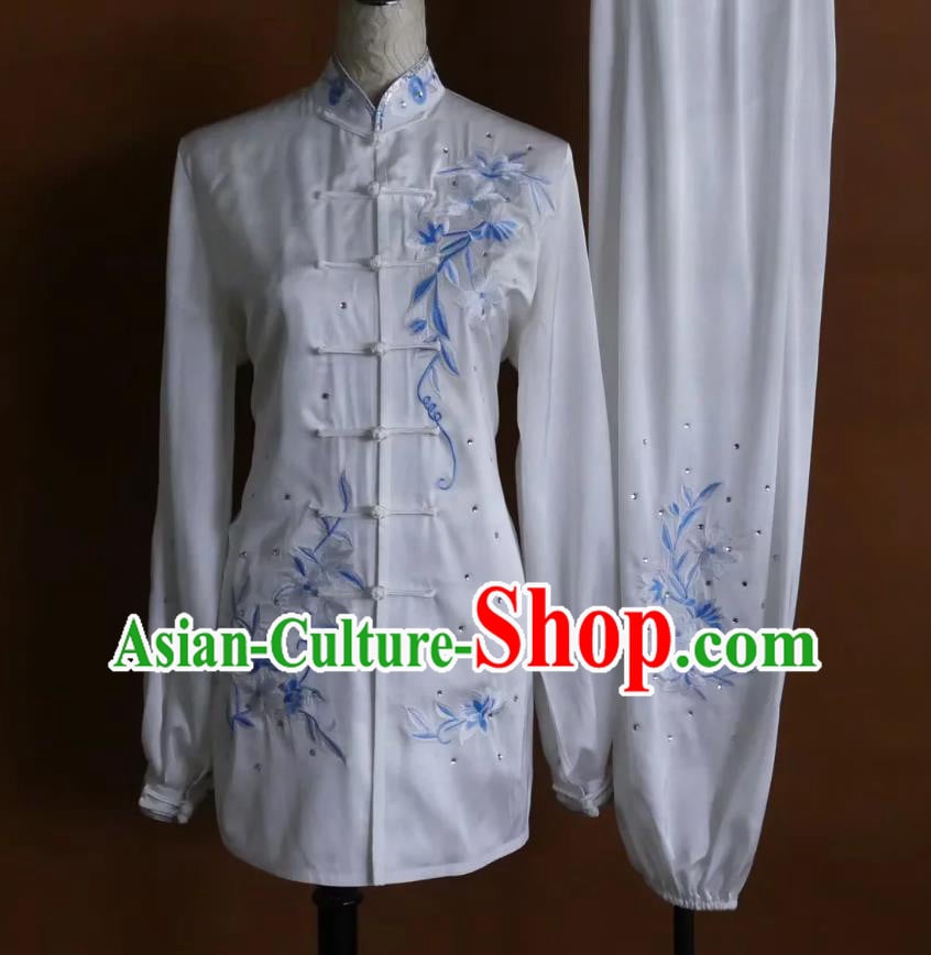 White Embroidered Flower Tai Chi Uniform Women Training Suit Taiji Competition Performance Costume