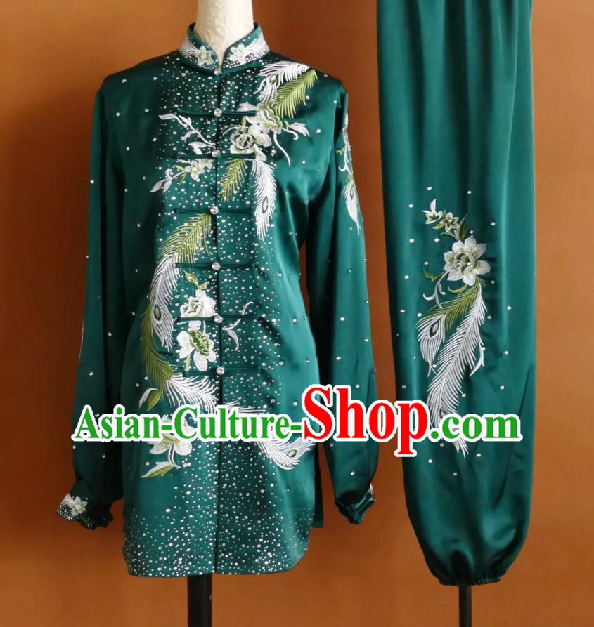 Embroidered Flower Tai Chi Uniform Medium Length Baduanjin Rhinestone Women Competition Performance Costume Professional Taiji Stage Costume