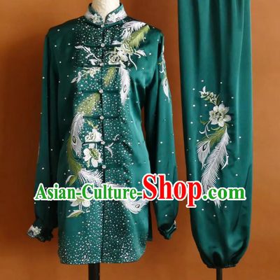 Embroidered Flower Tai Chi Uniform Medium Length Baduanjin Rhinestone Women Competition Performance Costume Professional Taiji Stage Costume