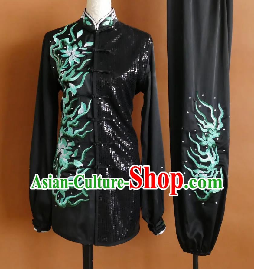 Black Rhinestone Embroidered Kirin Tai Chi Uniform Taiji Performance Suit Kung Fu Competition Training Costume