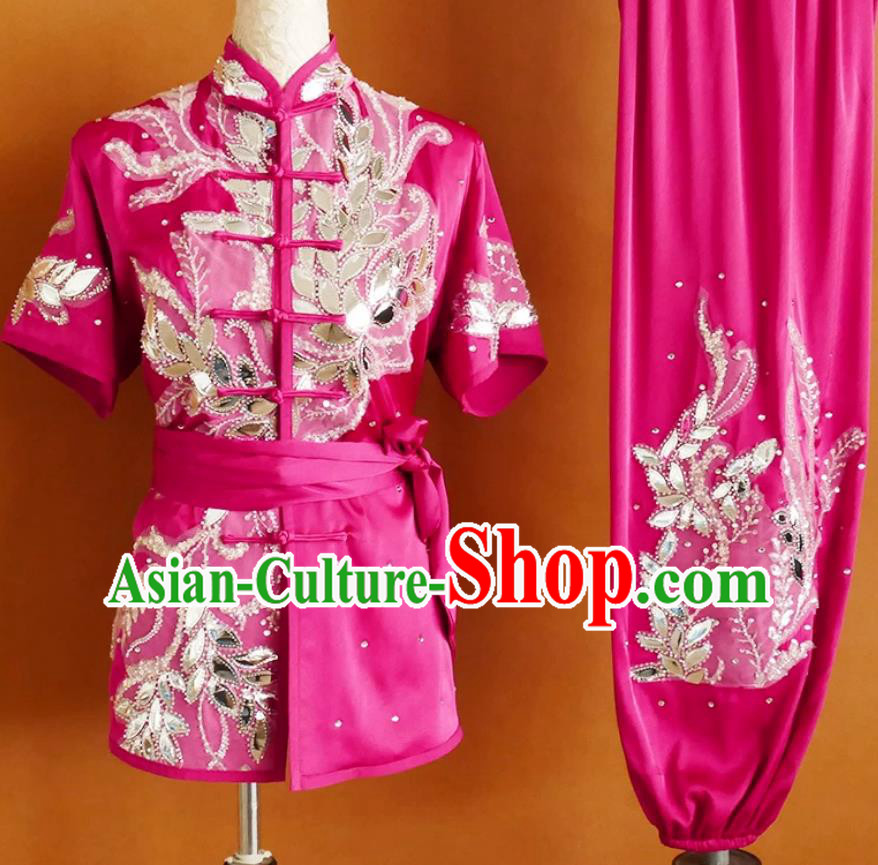 Hot Pink Embroidered Martial Arts Uniform Changquan Suit Students Children Training Clothing Wushu Competition Performance Costume