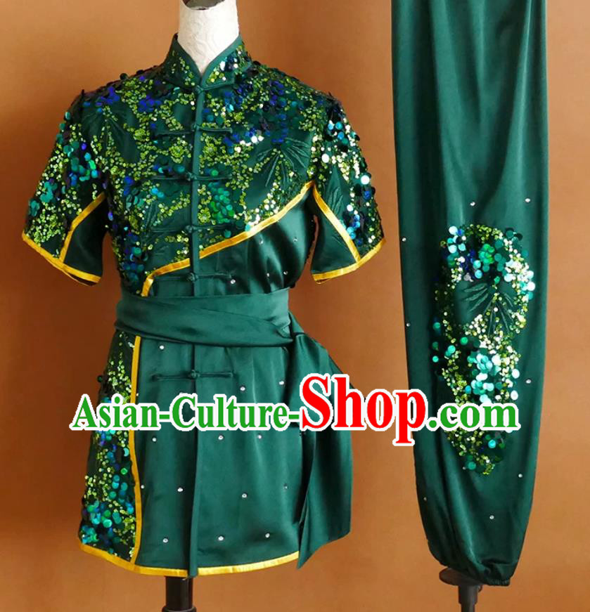 Green Sequin Embroidered Martial Arts Uniform Wushu Competition Professional Clothing Changquan Suit Children Performance Costume
