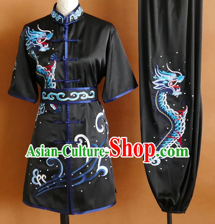 Black Embroidered Dragon Martial Arts Uniform Professional Wushu Competition Suit Changquan Performance Costume