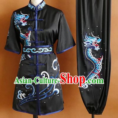 Black Embroidered Dragon Martial Arts Uniform Professional Wushu Competition Suit Changquan Performance Costume