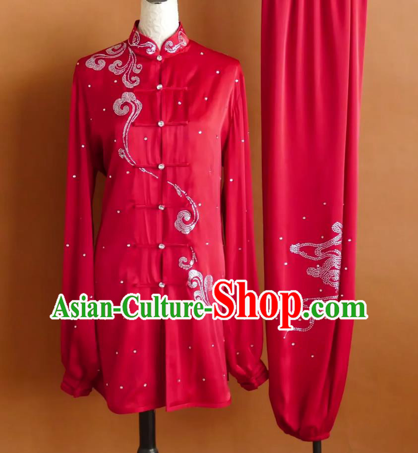 Red Rhinestone Tai Chi Uniform Women Training Suit Taiji Clothing Professional Kung Fu Competition Wear