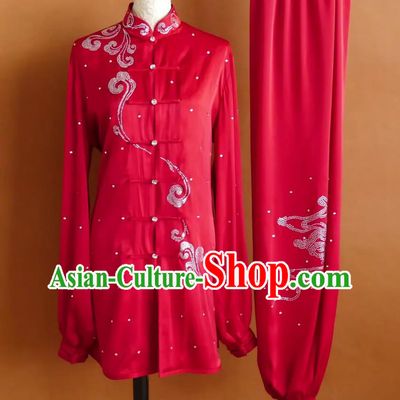 Red Rhinestone Tai Chi Uniform Women Training Suit Taiji Clothing Professional Kung Fu Competition Wear