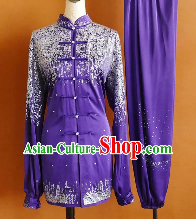 Purple Full Rhinestone Tai Chi Uniform Martial Arts Training Suit Taijiquan Performance Competition Costume