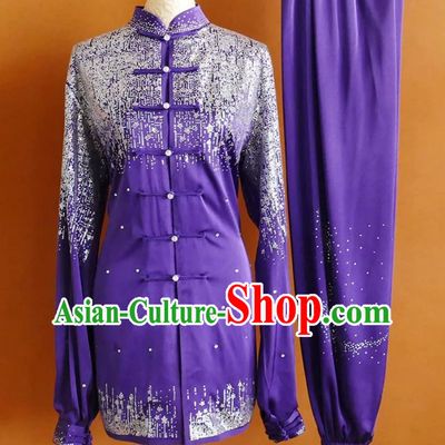 Purple Full Rhinestone Tai Chi Uniform Martial Arts Training Suit Taijiquan Performance Competition Costume