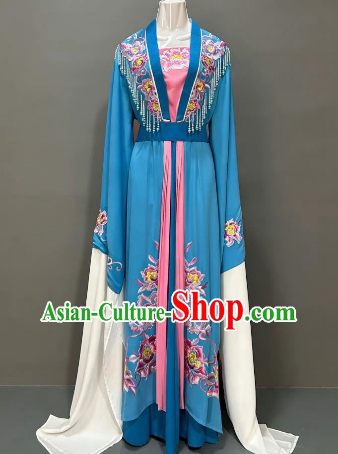 Yue Opera Hua Dan Blue Dress Chinese Opera Young Lady Costume Embroidery Matching Cape