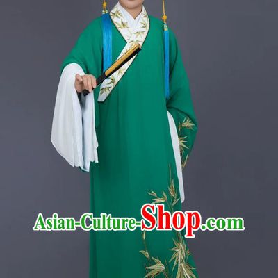Green Linen Yue Opera Xiaosheng Costume Bamboo Leaf Embroidery Scholar Robe Liang Shanbo Stage Performance Garment