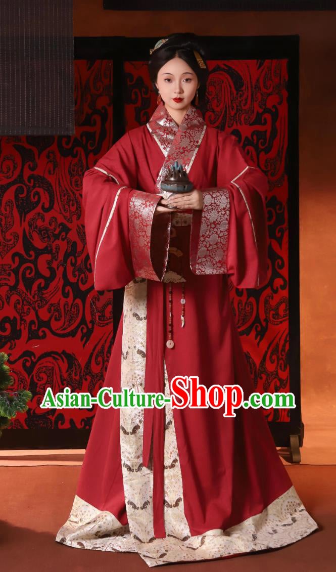 Ancient Noble Woman Wedding Costume Chu Style Restoration Red Straight Lapel Robe Traditional Chinese Hanfu