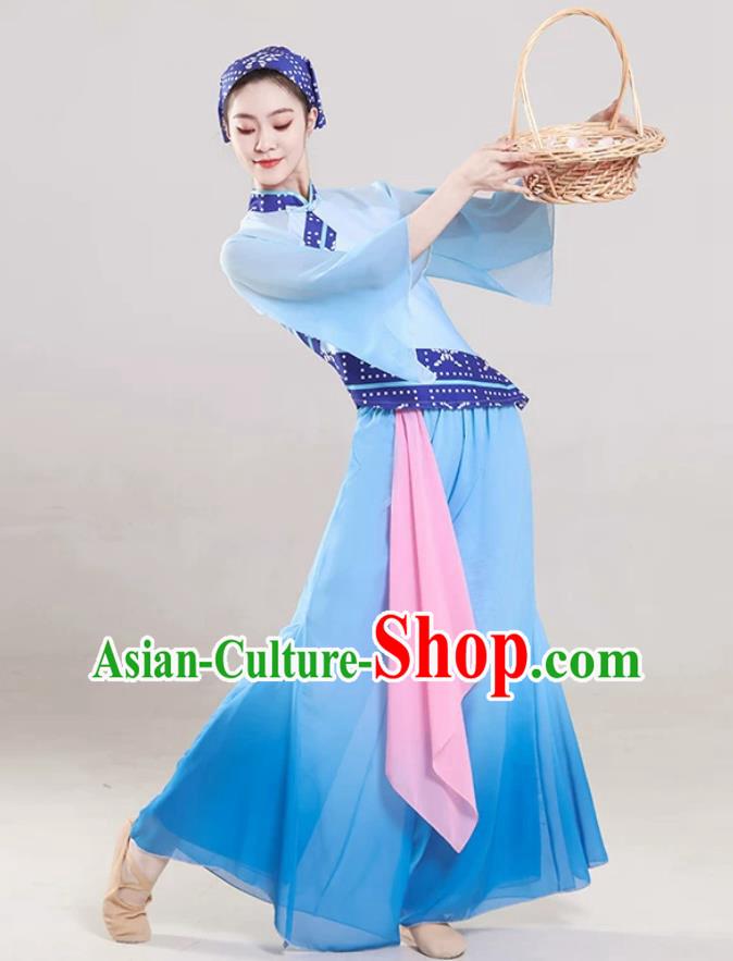 Spring Festival Gala Cai Cha Dance Yangge Performance Costume Ethnic Style Village Girl Folk Dance Blue Outfit