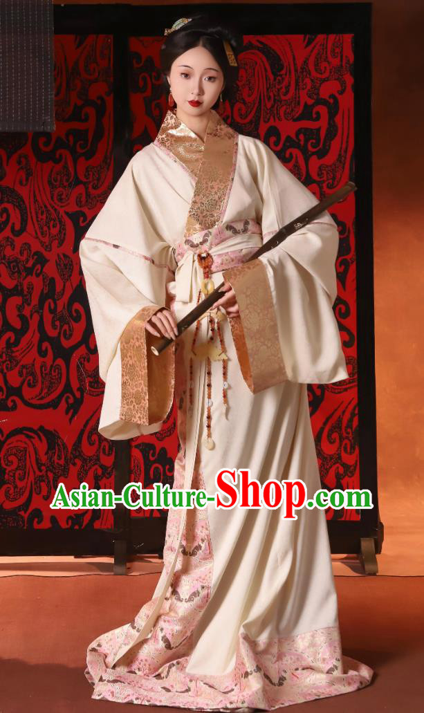 White and Pink Hanfu Dress Chu Style Restored Straight Lapel Robe Traditional Chinese Women Clothing