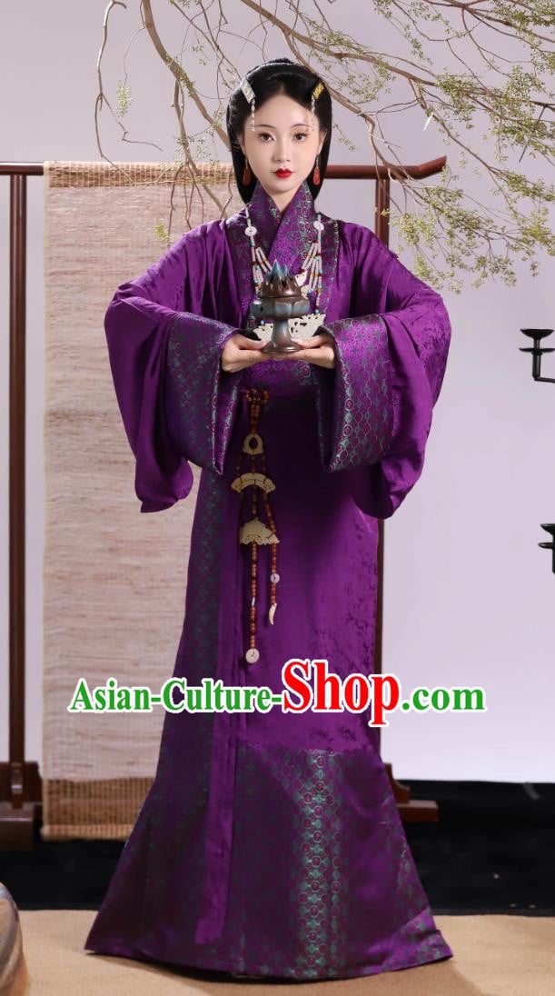 Spring and Autumn Period Chu Style Straight Lapel Robe Handmade Purple Linen Hanfu Traditional Chinese Costume