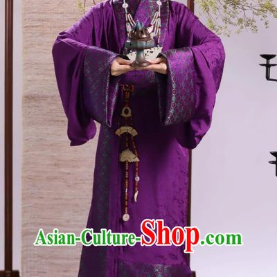 Spring and Autumn Period Chu Style Straight Lapel Robe Handmade Purple Linen Hanfu Traditional Chinese Costume