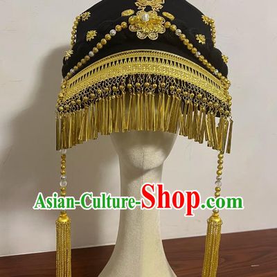 Black Velvet Yi Ethnic Gold Tile Piece Hat Chinese National Minority Women Headwear