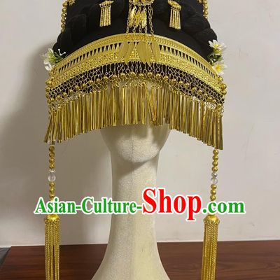 Chinese National Minority Women Headwear Black Velvet Yi Ethnic Gold Tile Piece Hat