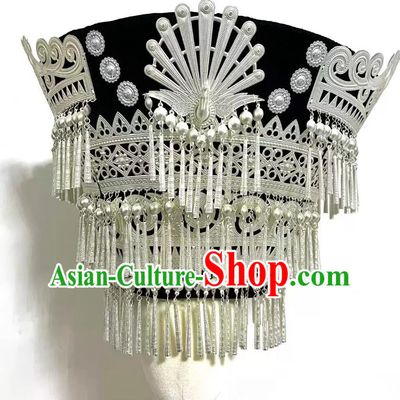Travel Photoshoot Chinese National Minority Headwear Traditional Yi Ethnic Silver Luoguo Hat Handmade Three Layer Tassel Tall Hat