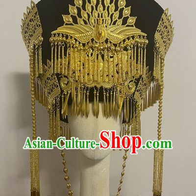Handmade Double Layer Tassel Tall Hat Travel Photoshoot Chinese National Minority Headwear Traditional Yi Ethnic Golden Luoguo Hat