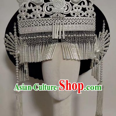 Yi Ethnic Classic Luoguo Hat Chinese Minority Traditional Hair Jewelry Miao Silver Tassel Headwear