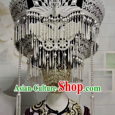 Traditional Yi Ethnic Silver Luoguo Hat Handmade Double Layer Tassel Tall Hat Travel Photoshoot Chinese National Minority Headwear