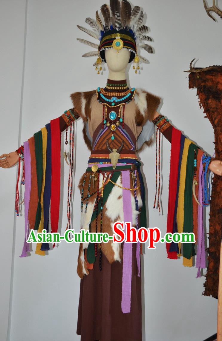 China Chic Gu Sa High Priest Outfit Hat and Mask Set Custom Ethnic Style Blessing Stage Costume