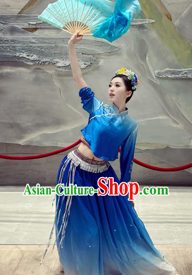 Mongolian Classical Dance Performance Costume Women Blue Large Swing Skirt Chinese Dance Dress